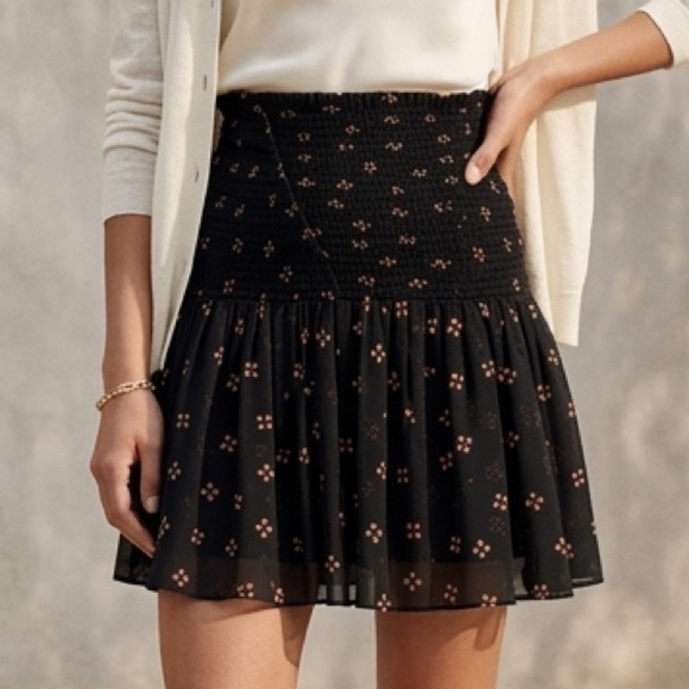 Maje Paris Smocked Waist Printed Chiffon Mini Skirt Black Size S NWT
